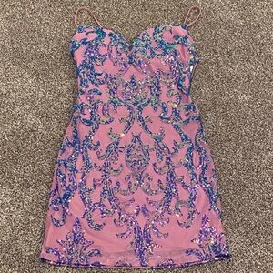 B Darlin Pink Dress with Blue Sequin Design